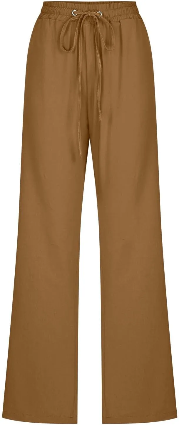 Cotton Linen Pants for Women Straight Leg Drawstring High Waist Trousers Relaxed Fit Elastic Waist Lounge Long Trouser