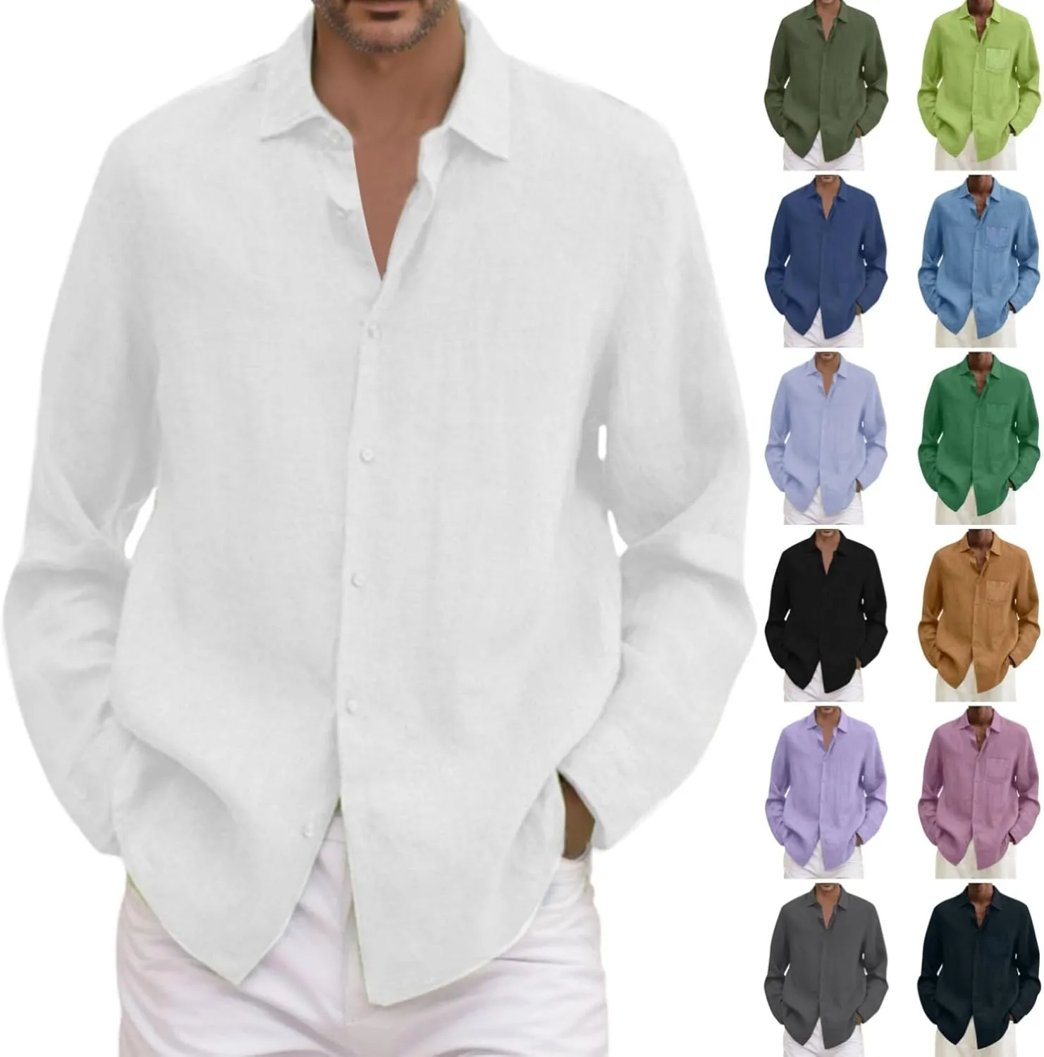 Cotton Linen Shirts for Men Long Sleeve Button Down Shirts Summer Beach Shirts Loose Fit Casual Shirts Vacation Tops