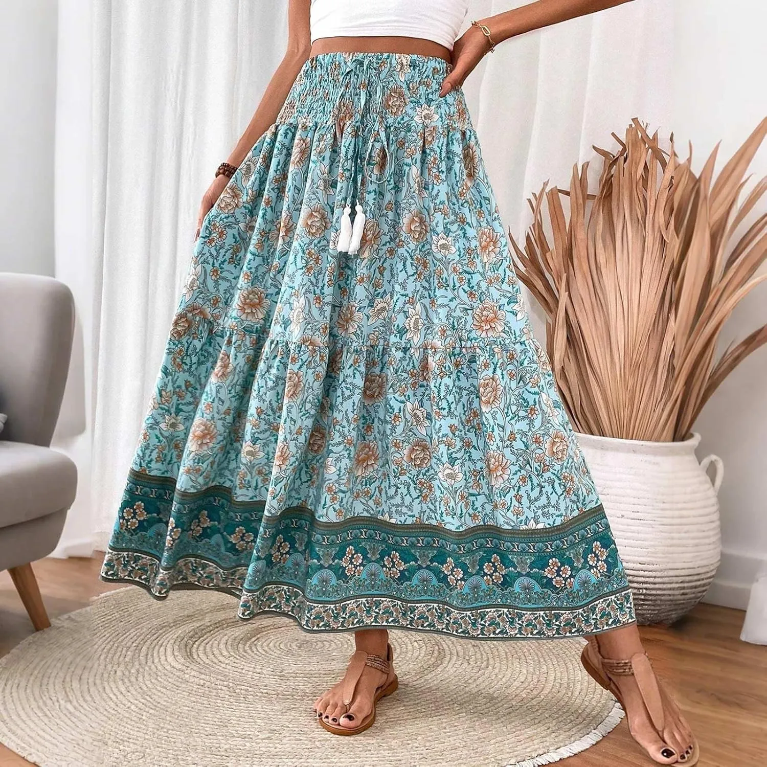 Cotton Skirts for Women High Waist Flowy A-Line Maxi Skirt Bohemian Long Skirt