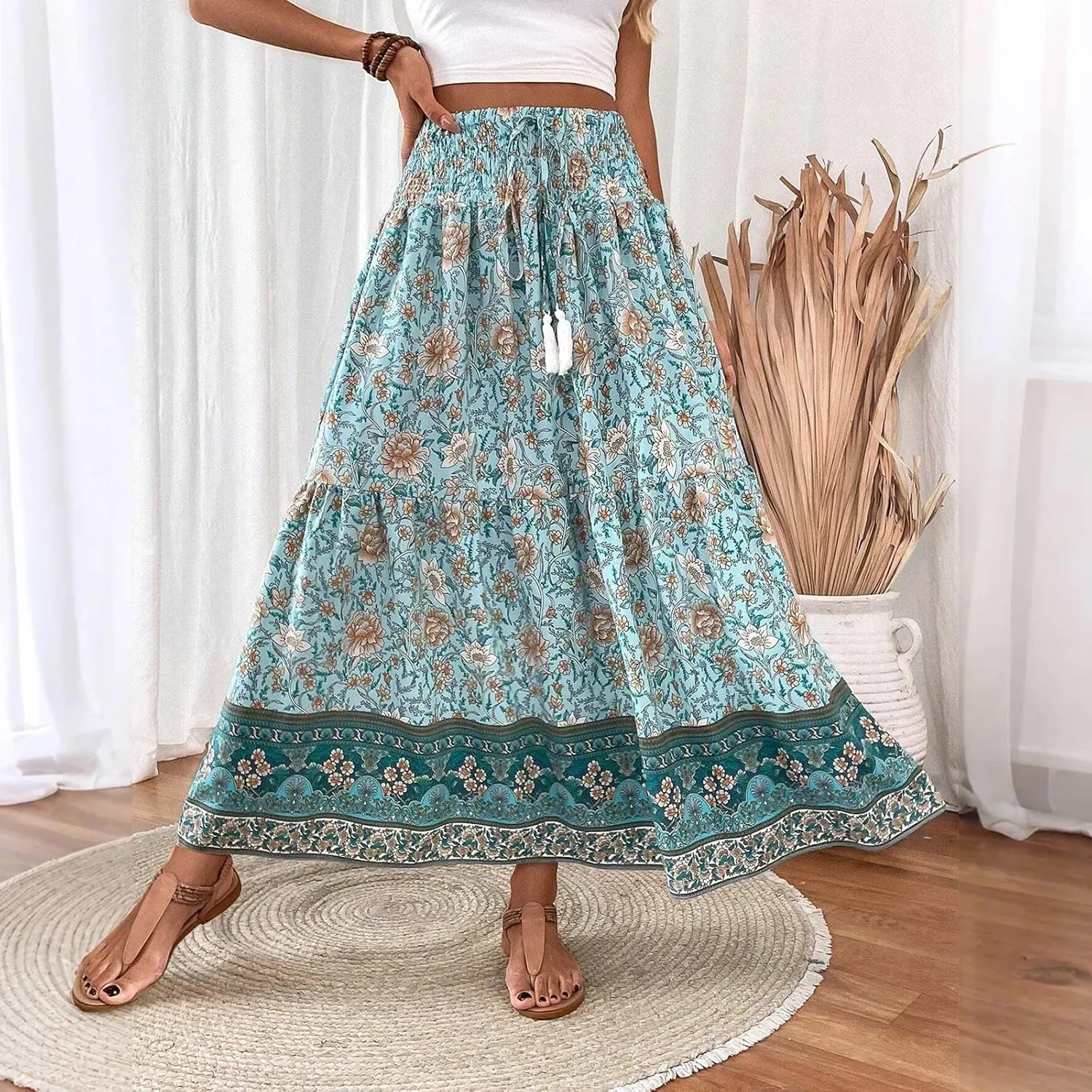 Cotton Skirts for Women High Waist Flowy A-Line Maxi Skirt Bohemian Long Skirt