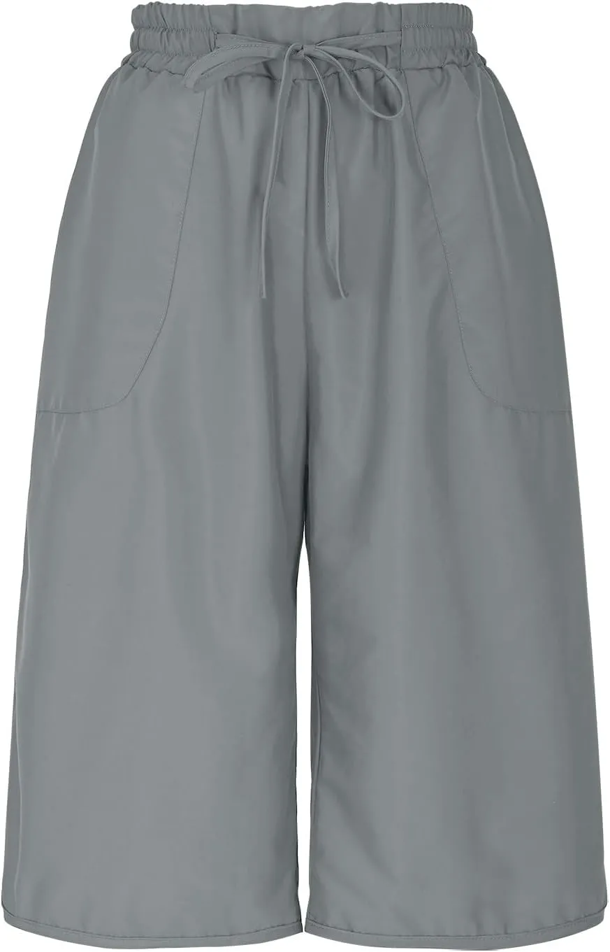 Cropped Trousers Women Summer Capri Pants with Pocket Loose Wide Leg Pant High Waist Sports Yoga Running Hiking Bottoms
