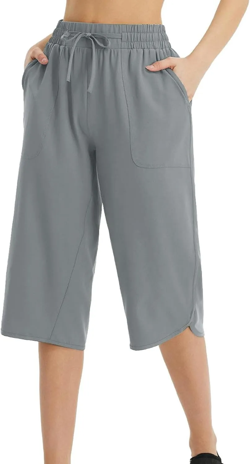 Cropped Trousers Women Summer Capri Pants with Pocket Loose Wide Leg Pant High Waist Sports Yoga Running Hiking Bottoms