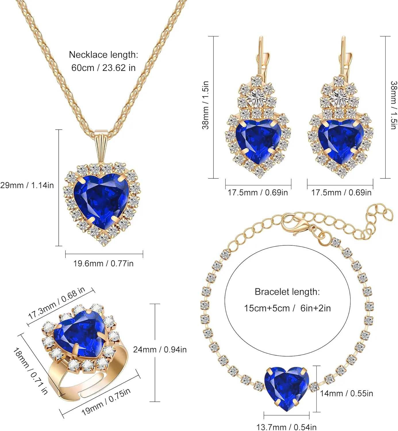 Crystal Heart Jewelry Sets, Sparkling Hearts Necklace/Bracelet/Earring/Ring Red Artificial Crystal Prom Jewelry Set for Bride Jewelry Birthday Gifts for Wife Women