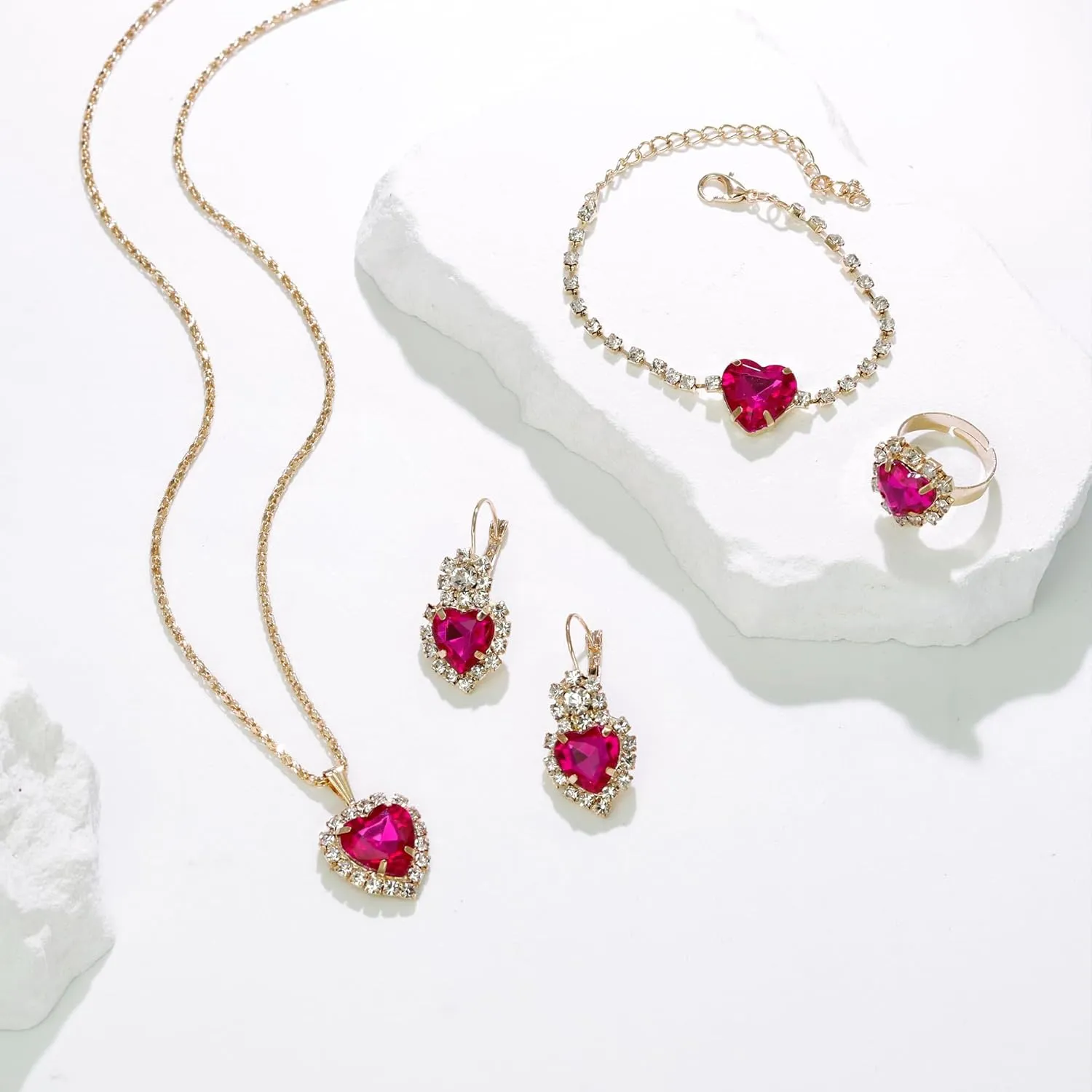 Crystal Heart Jewelry Sets, Sparkling Hearts Necklace/Bracelet/Earring/Ring Red Artificial Crystal Prom Jewelry Set for Bride Jewelry Birthday Gifts for Wife Women