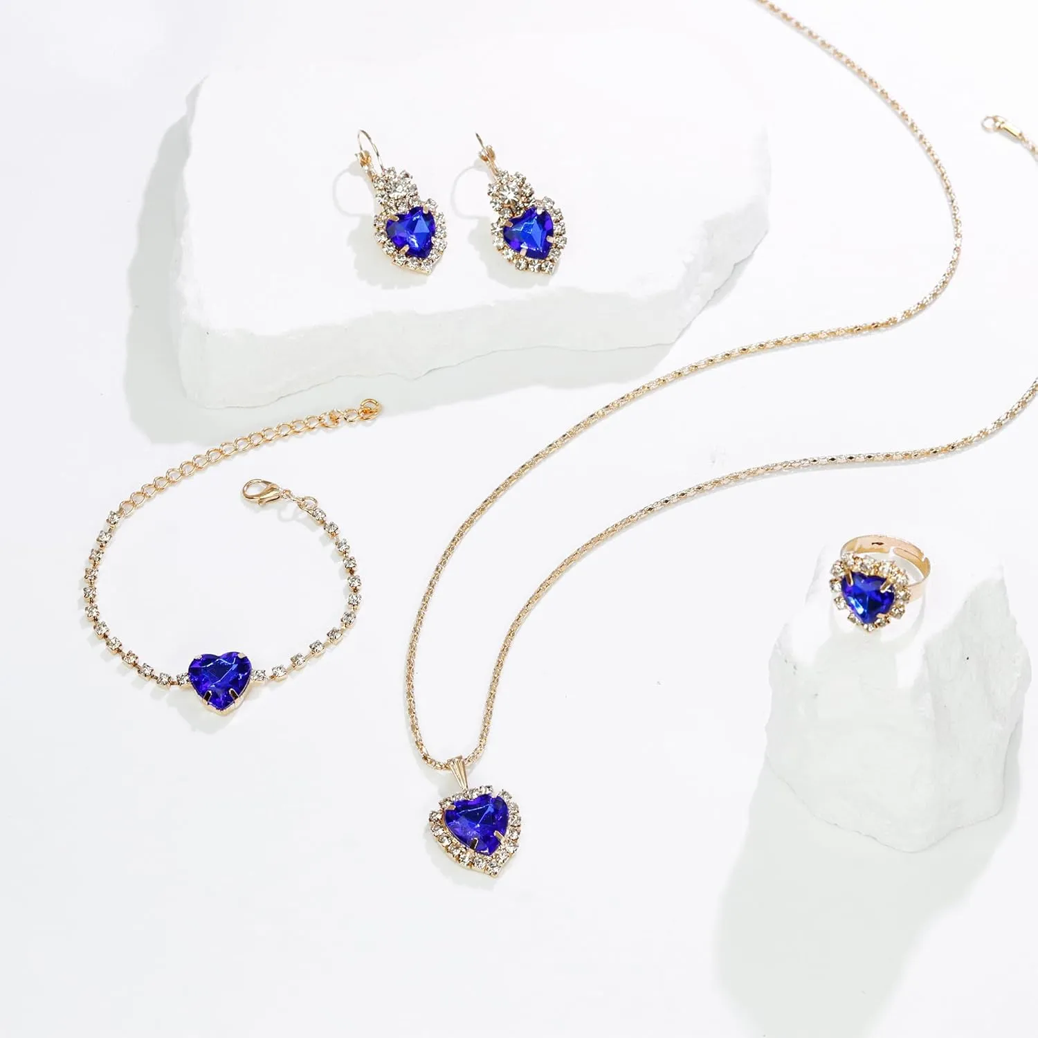Crystal Heart Jewelry Sets, Sparkling Hearts Necklace/Bracelet/Earring/Ring Red Artificial Crystal Prom Jewelry Set for Bride Jewelry Birthday Gifts for Wife Women