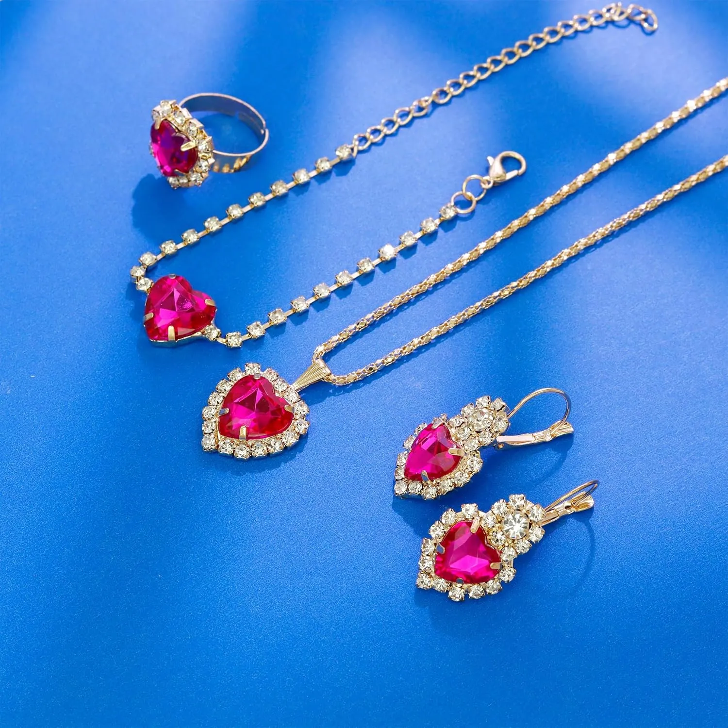 Crystal Heart Jewelry Sets, Sparkling Hearts Necklace/Bracelet/Earring/Ring Red Artificial Crystal Prom Jewelry Set for Bride Jewelry Birthday Gifts for Wife Women