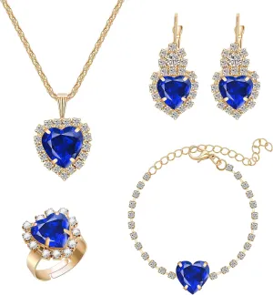 Crystal Heart Jewelry Sets, Sparkling Hearts Necklace/Bracelet/Earring/Ring Red Artificial Crystal Prom Jewelry Set for Bride Jewelry Birthday Gifts for Wife Women