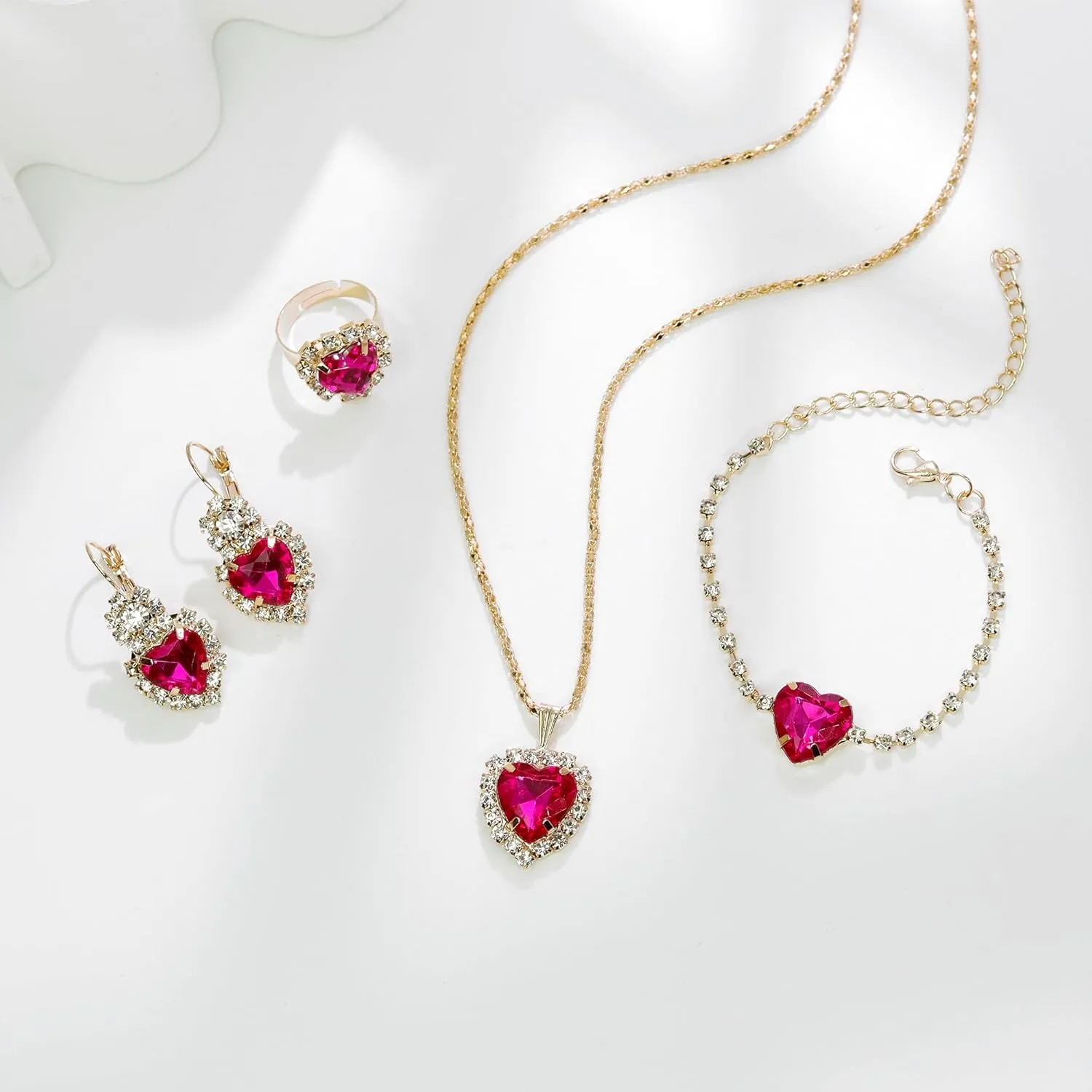 Crystal Heart Jewelry Sets, Sparkling Hearts Necklace/Bracelet/Earring/Ring Red Artificial Crystal Prom Jewelry Set for Bride Jewelry Birthday Gifts for Wife Women