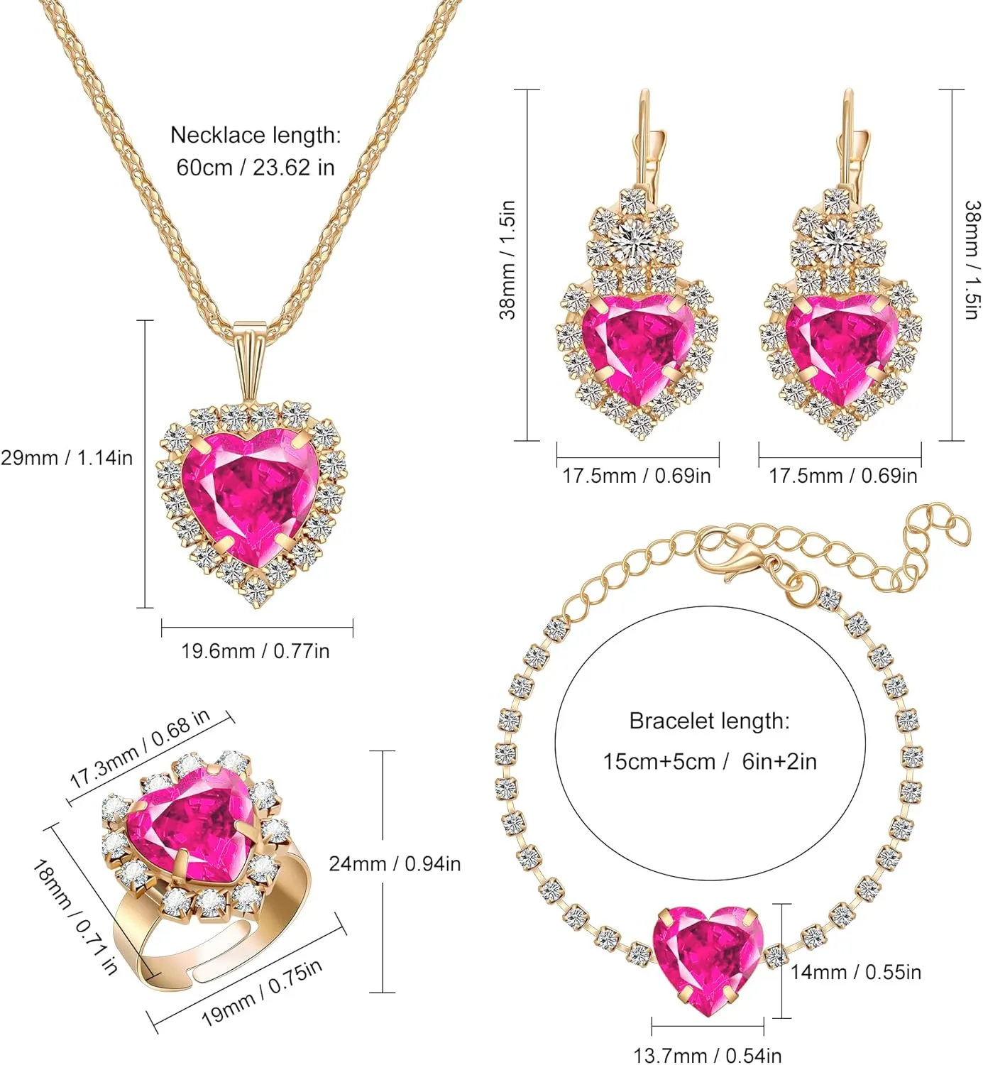Crystal Heart Jewelry Sets, Sparkling Hearts Necklace/Bracelet/Earring/Ring Red Artificial Crystal Prom Jewelry Set for Bride Jewelry Birthday Gifts for Wife Women