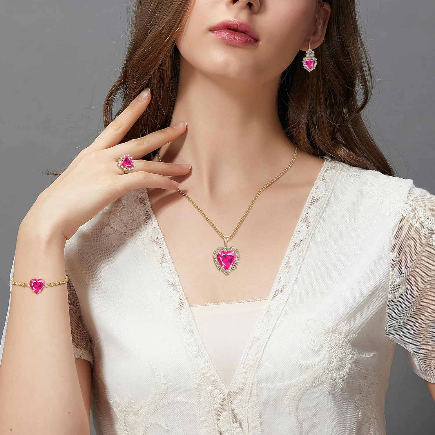 Crystal Heart Jewelry Sets, Sparkling Hearts Necklace/Bracelet/Earring/Ring Red Artificial Crystal Prom Jewelry Set for Bride Jewelry Birthday Gifts for Wife Women