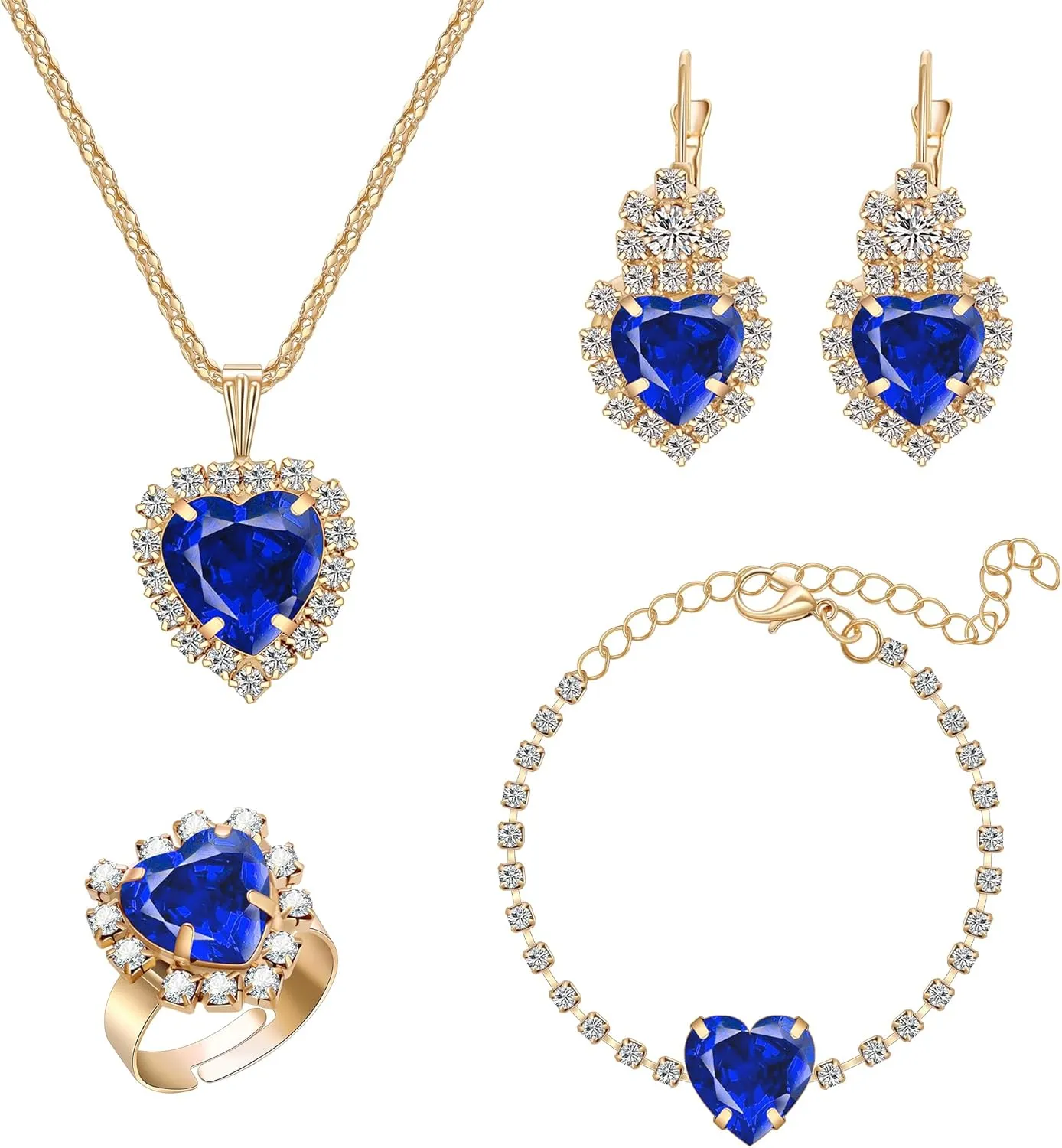 Crystal Heart Jewelry Sets, Sparkling Hearts Necklace/Bracelet/Earring/Ring Red Artificial Crystal Prom Jewelry Set for Bride Jewelry Birthday Gifts for Wife Women