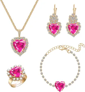 Crystal Heart Jewelry Sets, Sparkling Hearts Necklace/Bracelet/Earring/Ring Red Artificial Crystal Prom Jewelry Set for Bride Jewelry Birthday Gifts for Wife Women