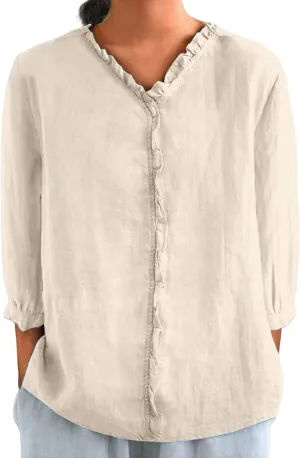 Cute Linen Shirts for Women Lapel Collared 3/4 Sleeve Print Tunic Blouses Casual Loose 2025 T-Shirt Tops for Summer