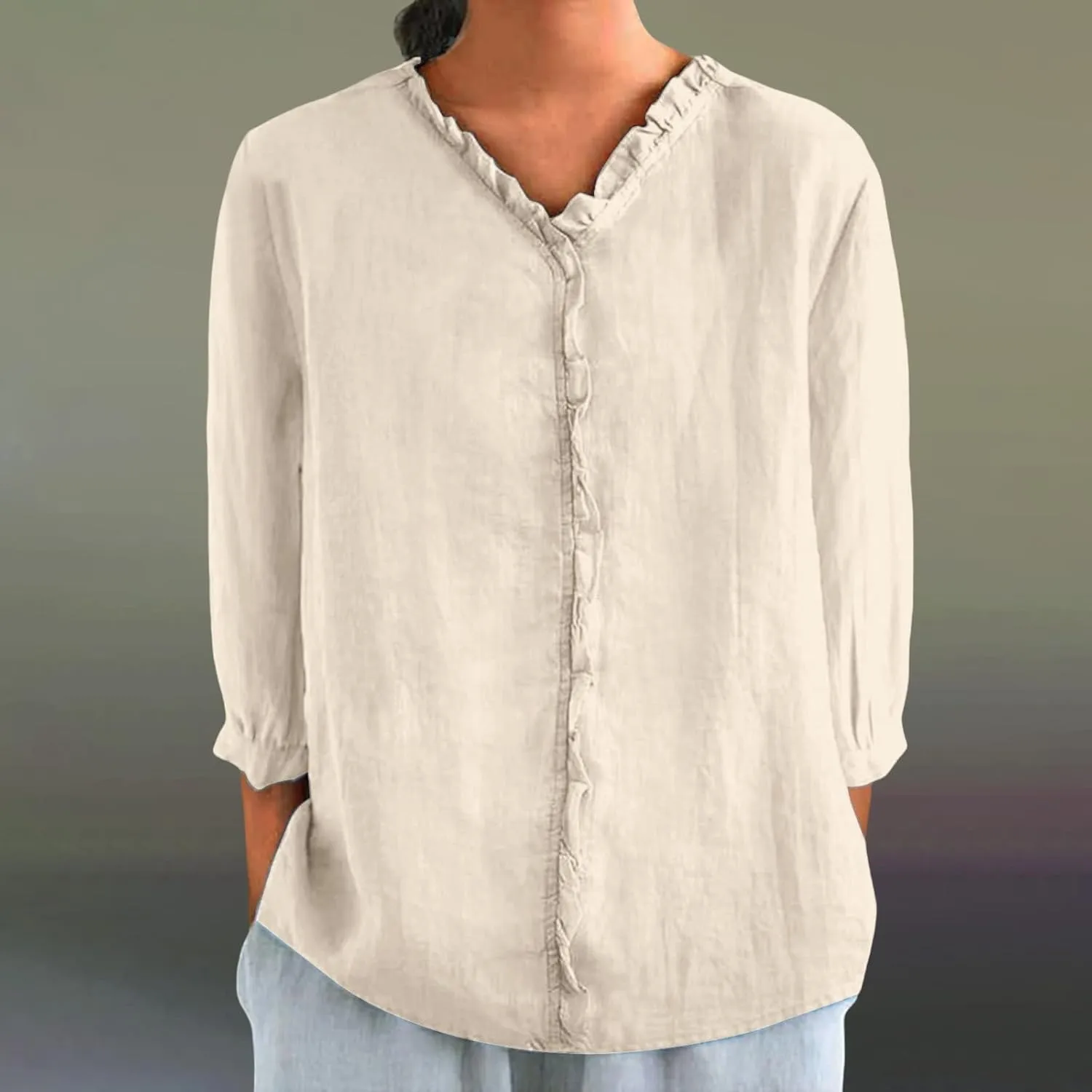 Cute Linen Shirts for Women Lapel Collared 3/4 Sleeve Print Tunic Blouses Casual Loose 2025 T-Shirt Tops for Summer