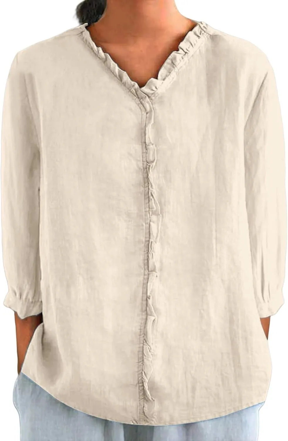Cute Linen Shirts for Women Lapel Collared 3/4 Sleeve Print Tunic Blouses Casual Loose 2025 T-Shirt Tops for Summer