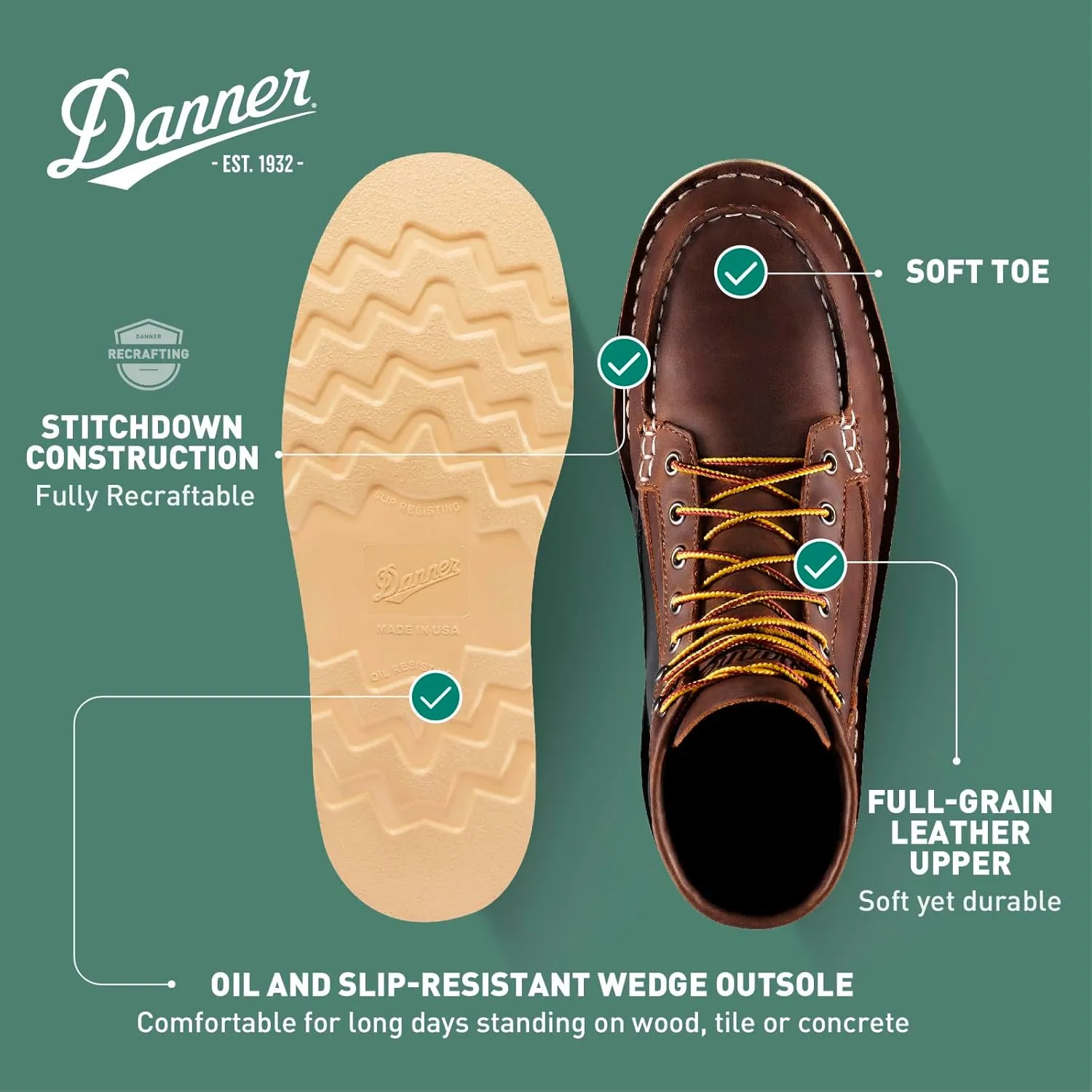 Danner 6 Bull Run Moc Toe Work Boots for Men - Oiled Full-Grain Leather Upper with Non Slip Wedge Outsole and 3-Density Cushion Footbed, EH Resistant