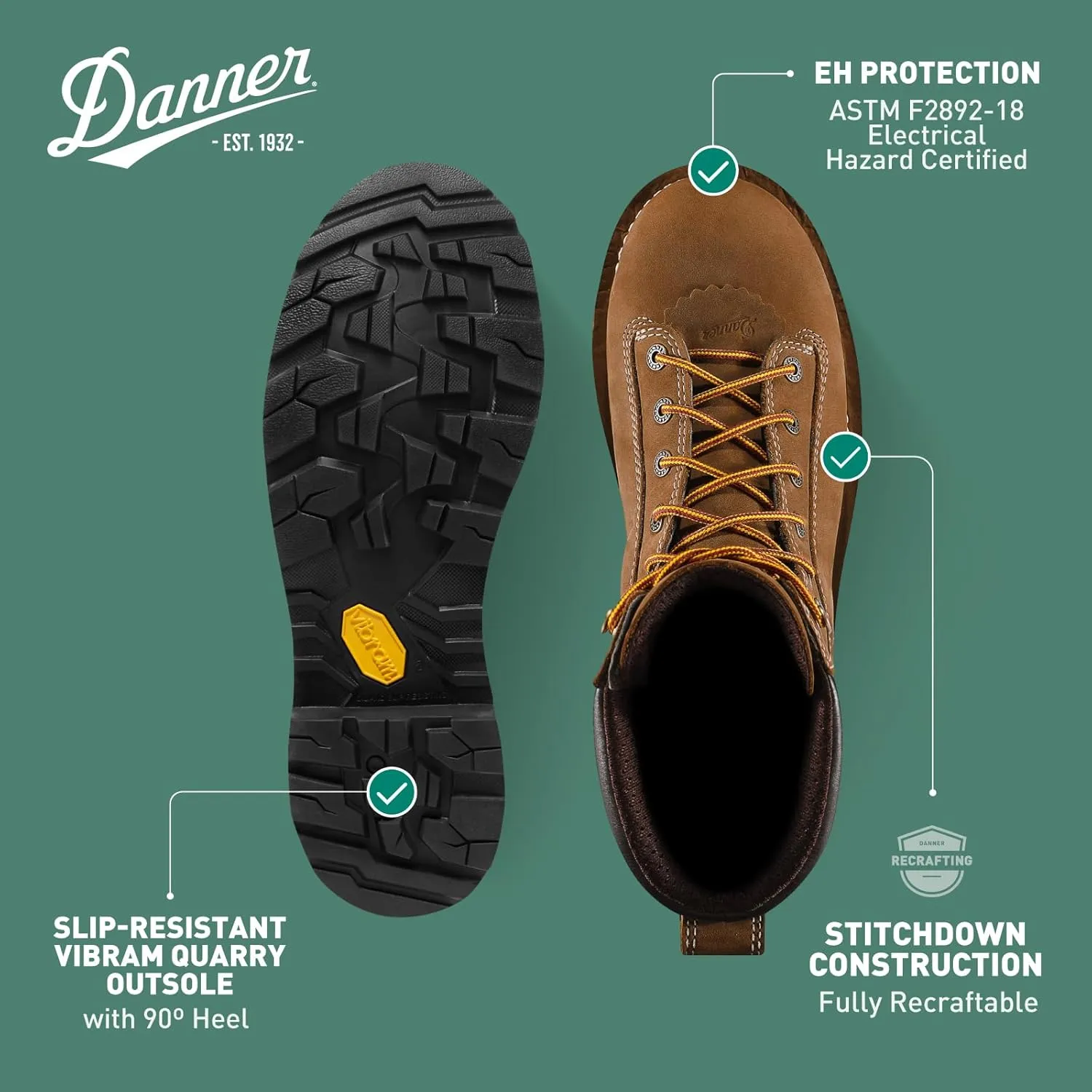 Danner 8 Quarry USA Waterproof Work Boots for Men - Full-Grain Leather with Gore-Tex, 3-Density Cushion Footbed & Traction Heel Outsole, EH Resistant
