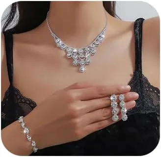 Denifery Silver Jewelry Set Wedding Jewelry Sets Crystal Necklace Earrings and Bracelet Set Formal Prom Accessories for Wedding Day Costume Jewelry for Women