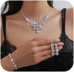 Denifery Silver Jewelry Set Wedding Jewelry Sets Crystal Necklace Earrings and Bracelet Set Formal Prom Accessories for Wedding Day Costume Jewelry for Women