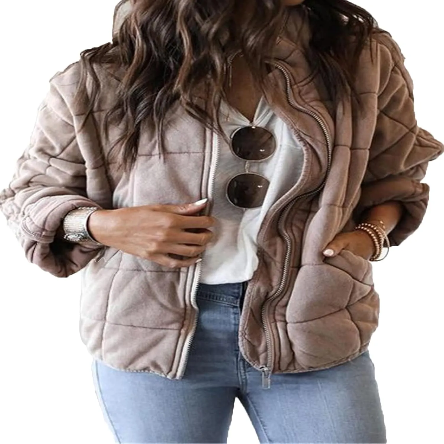 DGHM-JLMY Women's Loose Pocket Stand Collar Knitted Cotton Coat Winter Puffer Coat Open Front Cardigan Cotton-Padded