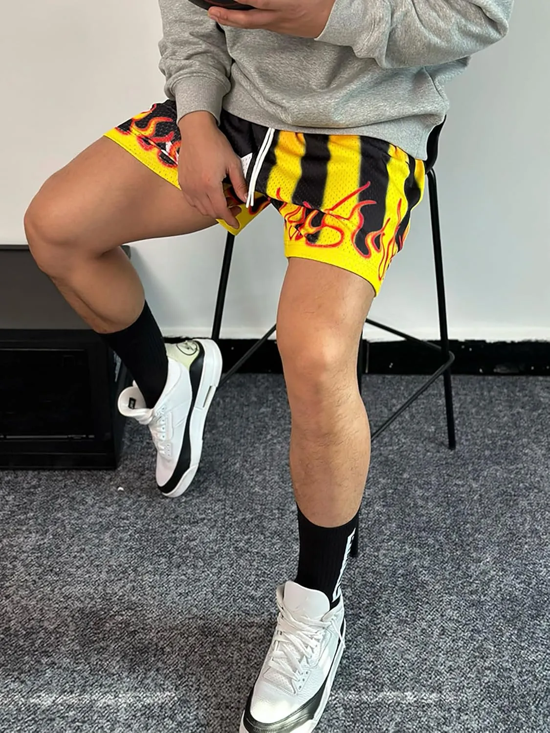 DIOTSR Mens Flame Graphic Basketball Shorts Cool Retro Running Athletic Shorts Drawstring Waist Casual Track Shorts