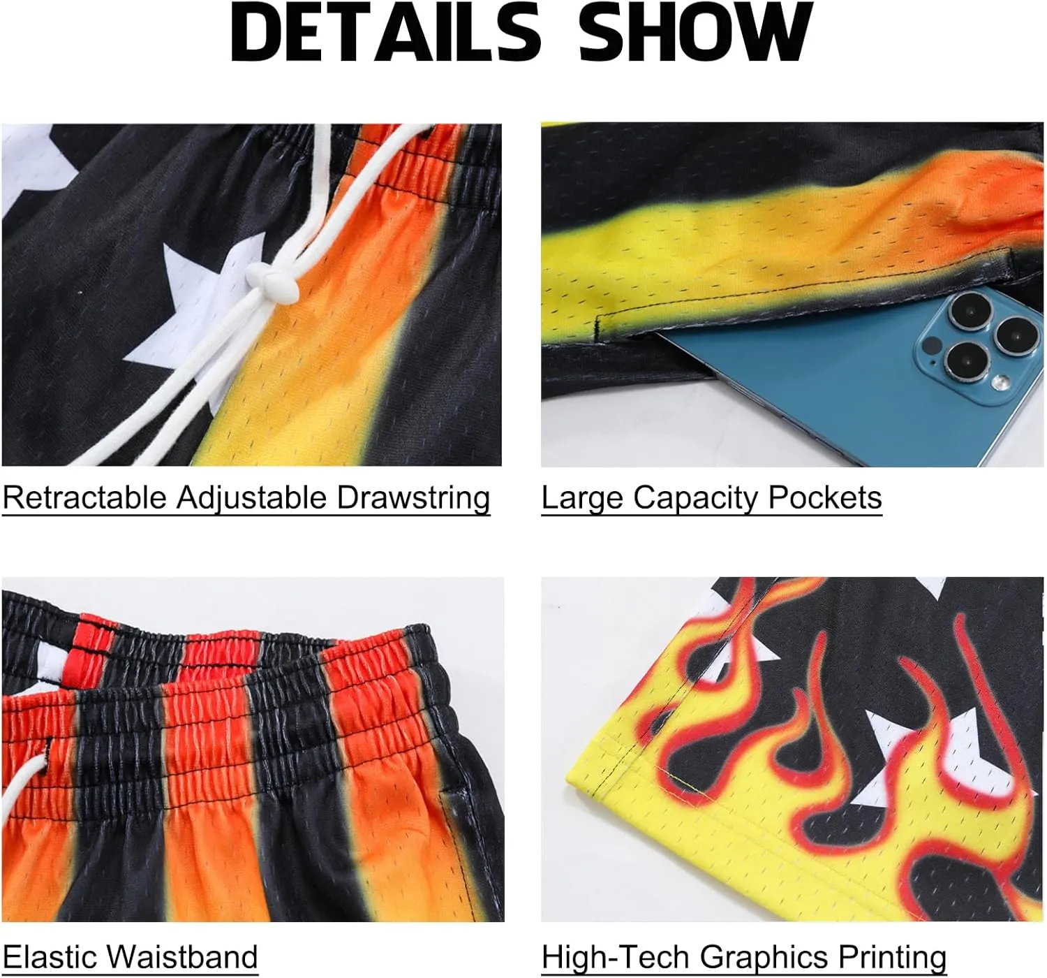 DIOTSR Mens Flame Graphic Basketball Shorts Cool Retro Running Athletic Shorts Drawstring Waist Casual Track Shorts