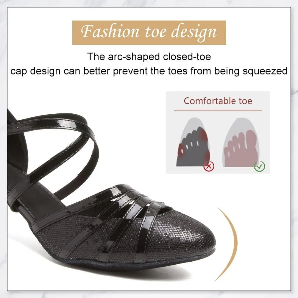 DKZSYIM Glitter Women Latin Dance Shoes Closed Toe Ballroom Salsa Tango Practice Performence Party Dancing Shoes,Model CMJ-512