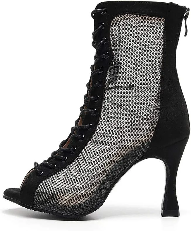 DKZSYIM Women's Latin Dance Boots Women Latin Salsa Ballroom Open Toe Lace-up Ankle Dance Shoes,Model QJW7180