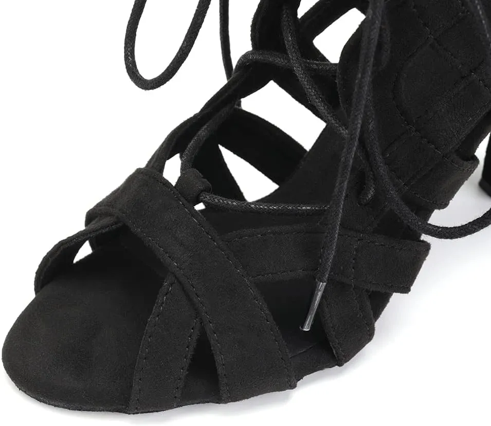 DKZSYIM Women's Latin Dance Boots Women Latin Salsa Ballroom Open Toe Lace-up Ankle Dance Shoes,Model QJW7180
