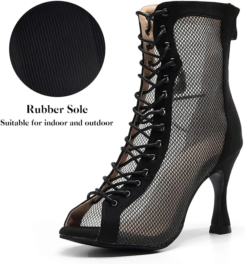 DKZSYIM Women's Latin Dance Boots Women Latin Salsa Ballroom Open Toe Lace-up Ankle Dance Shoes,Model QJW7180