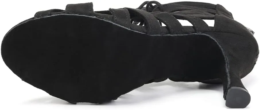 DKZSYIM Women's Latin Dance Boots Women Latin Salsa Ballroom Open Toe Lace-up Ankle Dance Shoes,Model QJW7180