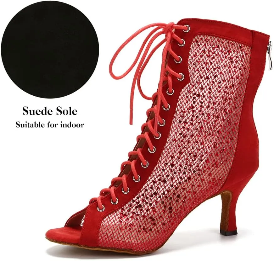 DKZSYIM Women's Latin Dance Boots Women Latin Salsa Ballroom Open Toe Lace-up Ankle Dance Shoes,Model QJW7180