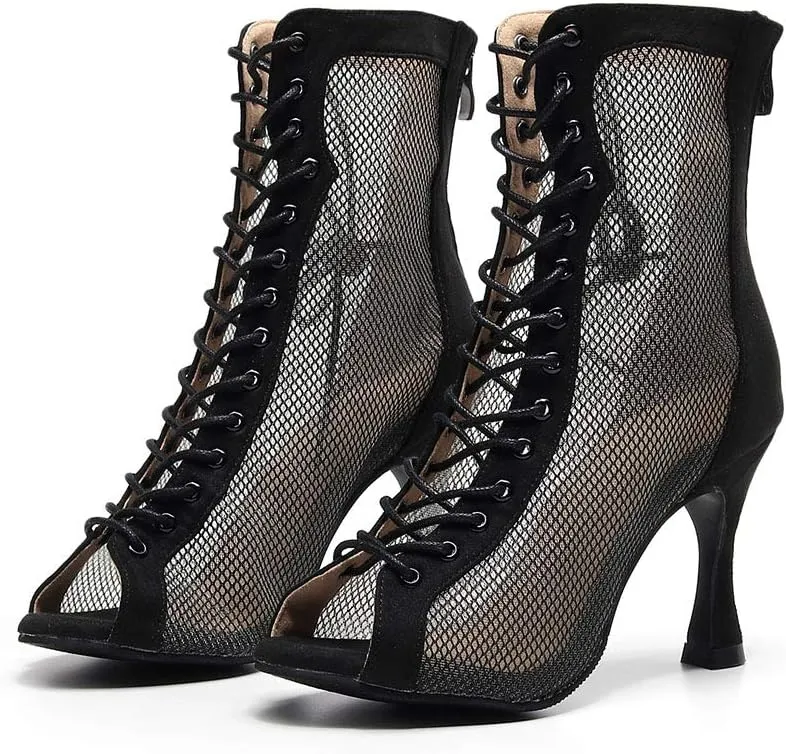 DKZSYIM Women's Latin Dance Boots Women Latin Salsa Ballroom Open Toe Lace-up Ankle Dance Shoes,Model QJW7180