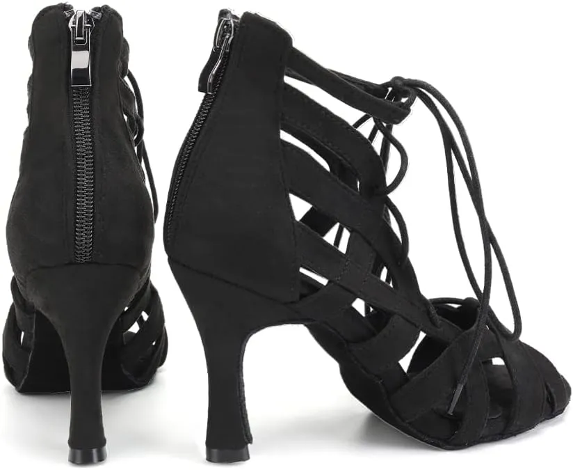 DKZSYIM Women's Latin Dance Boots Women Latin Salsa Ballroom Open Toe Lace-up Ankle Dance Shoes,Model QJW7180