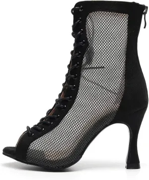DKZSYIM Women's Latin Dance Boots Women Latin Salsa Ballroom Open Toe Lace-up Ankle Dance Shoes,Model QJW7180