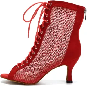 DKZSYIM Women's Latin Dance Boots Women Latin Salsa Ballroom Open Toe Lace-up Ankle Dance Shoes,Model QJW7180