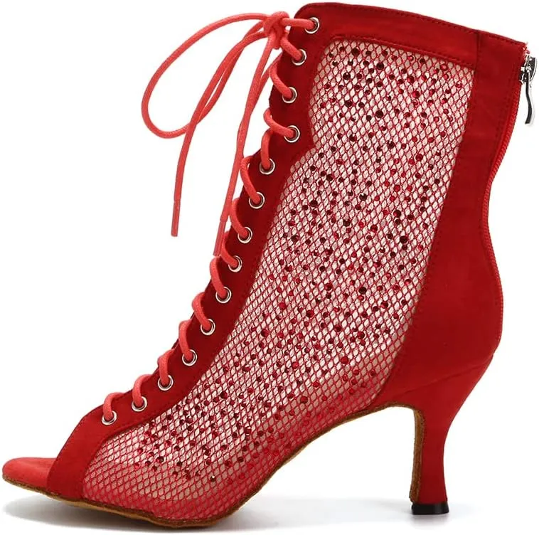 DKZSYIM Women's Latin Dance Boots Women Latin Salsa Ballroom Open Toe Lace-up Ankle Dance Shoes,Model QJW7180
