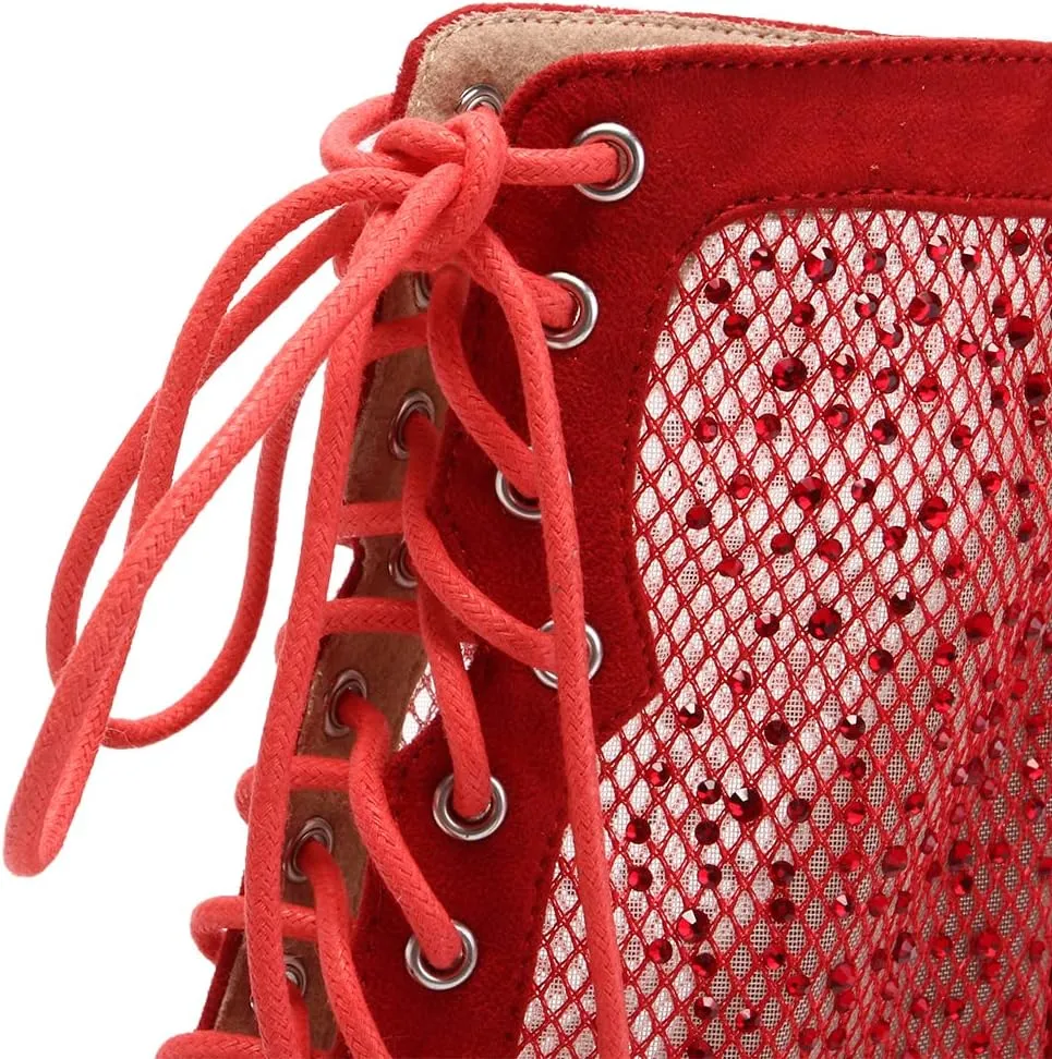 DKZSYIM Women's Latin Dance Boots Women Latin Salsa Ballroom Open Toe Lace-up Ankle Dance Shoes,Model QJW7180