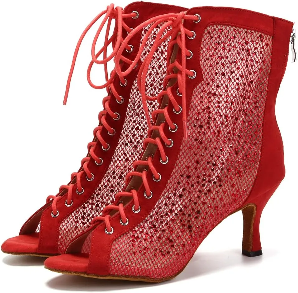 DKZSYIM Women's Latin Dance Boots Women Latin Salsa Ballroom Open Toe Lace-up Ankle Dance Shoes,Model QJW7180