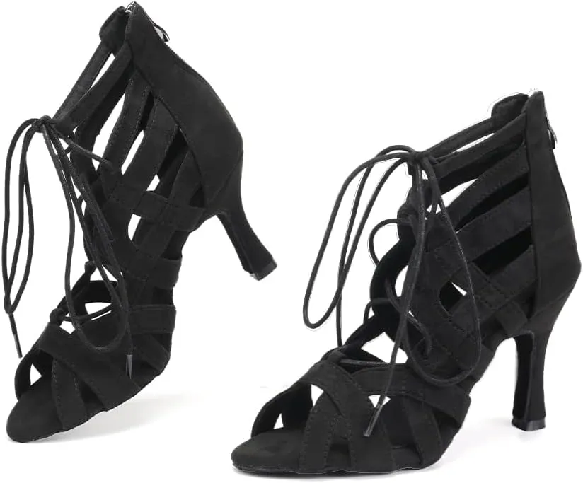 DKZSYIM Women's Latin Dance Boots Women Latin Salsa Ballroom Open Toe Lace-up Ankle Dance Shoes,Model QJW7180