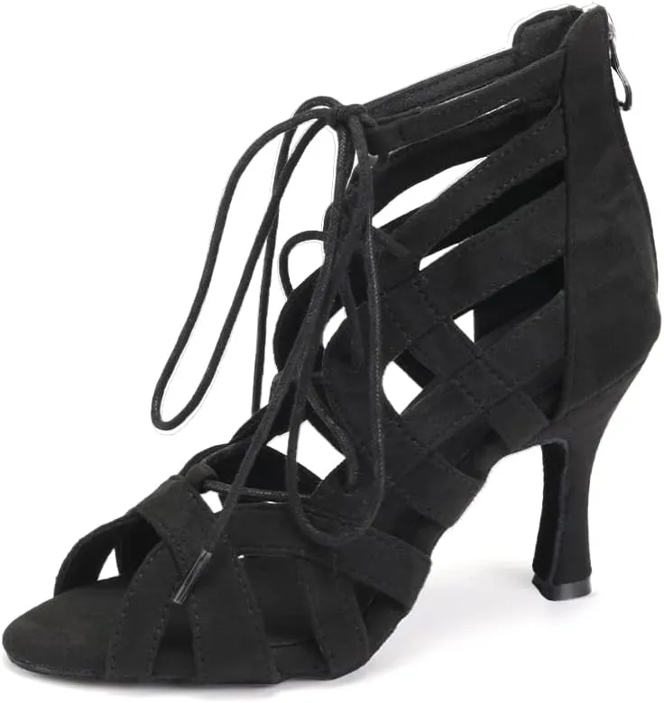 DKZSYIM Women's Latin Dance Boots Women Latin Salsa Ballroom Open Toe Lace-up Ankle Dance Shoes,Model QJW7180