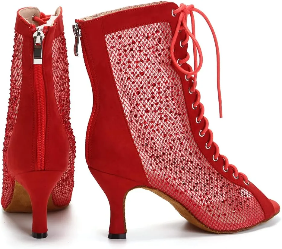 DKZSYIM Women's Latin Dance Boots Women Latin Salsa Ballroom Open Toe Lace-up Ankle Dance Shoes,Model QJW7180