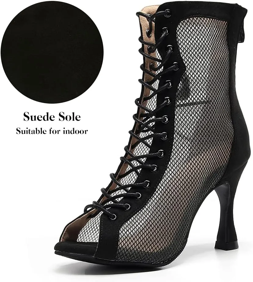 DKZSYIM Women's Latin Dance Boots Women Latin Salsa Ballroom Open Toe Lace-up Ankle Dance Shoes,Model QJW7180