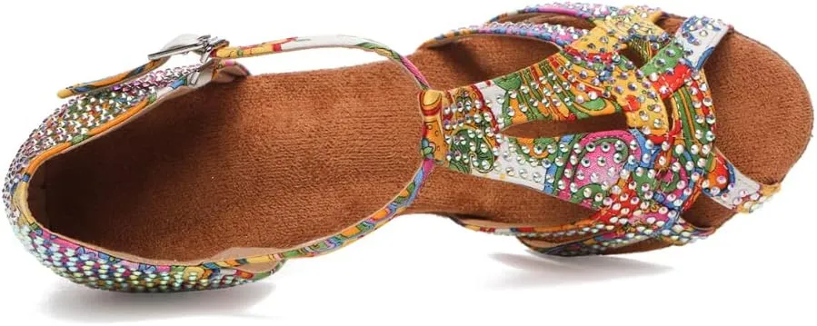 DKZSYIM Women's T-Strap Latin Dance Shoes Rhinestone Ballroom Salsa Performance Practice Dancing Shoes,Model YCL517