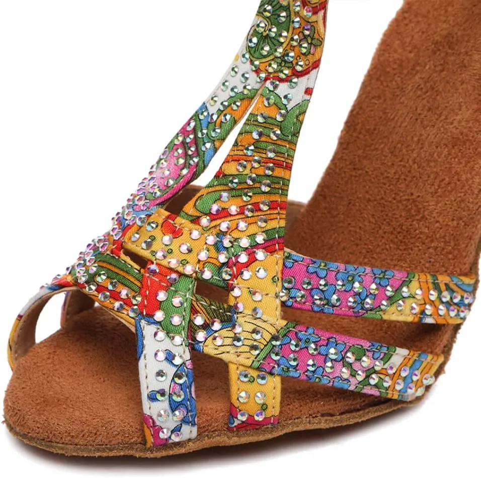 DKZSYIM Women's T-Strap Latin Dance Shoes Rhinestone Ballroom Salsa Performance Practice Dancing Shoes,Model YCL517