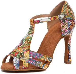DKZSYIM Women's T-Strap Latin Dance Shoes Rhinestone Ballroom Salsa Performance Practice Dancing Shoes,Model YCL517