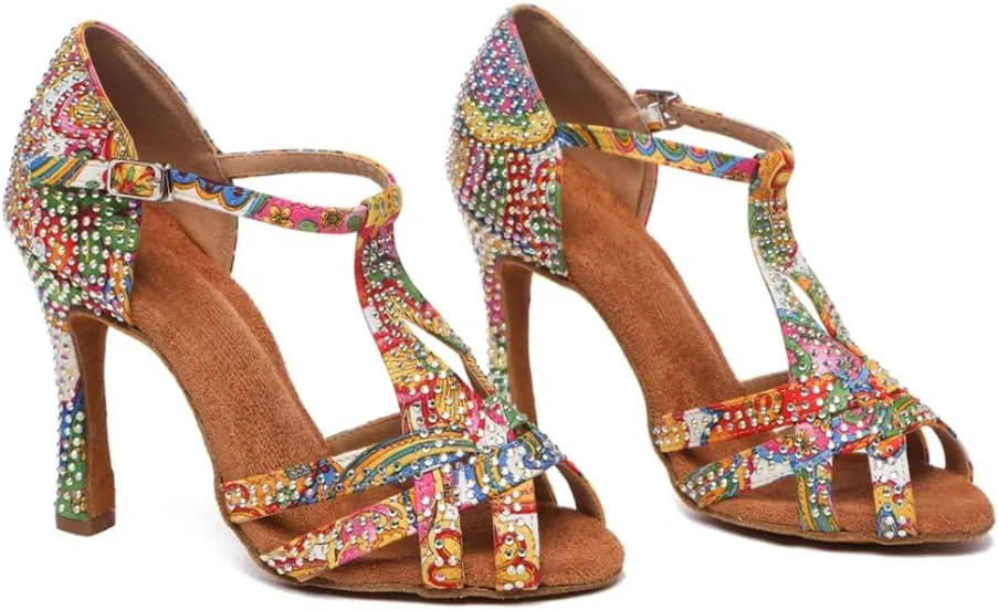 DKZSYIM Women's T-Strap Latin Dance Shoes Rhinestone Ballroom Salsa Performance Practice Dancing Shoes,Model YCL517