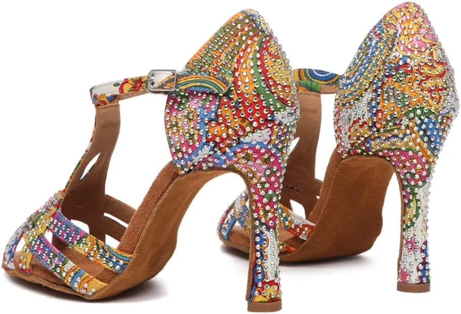 DKZSYIM Women's T-Strap Latin Dance Shoes Rhinestone Ballroom Salsa Performance Practice Dancing Shoes,Model YCL517