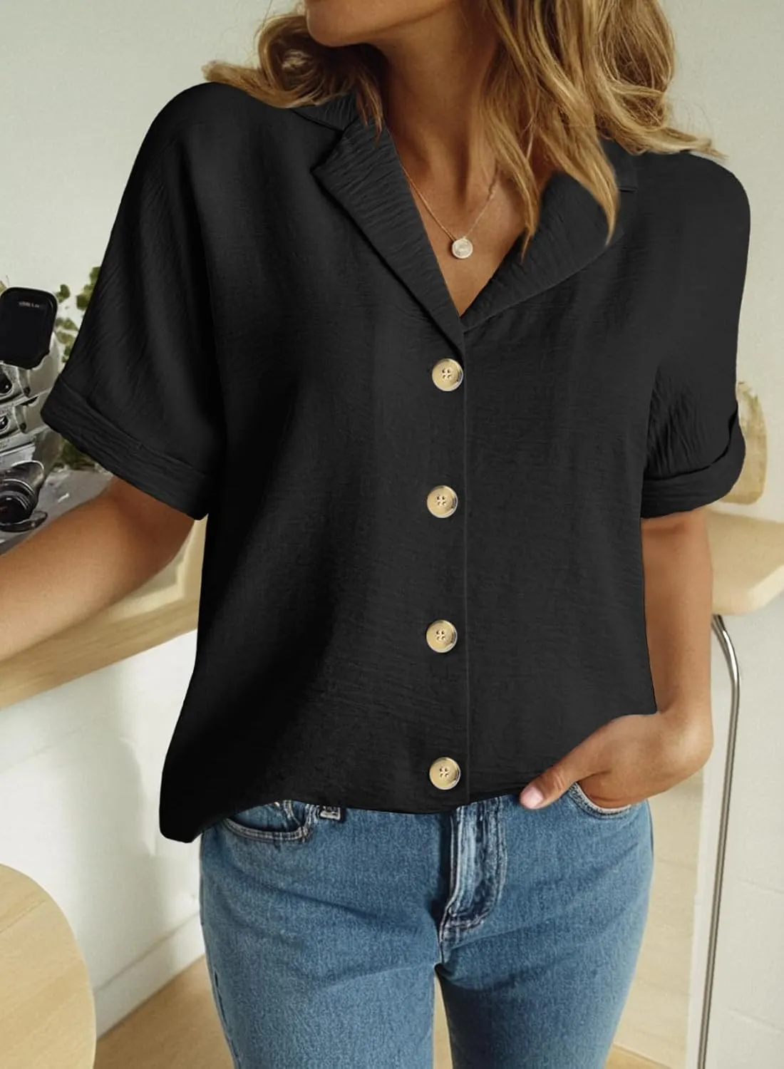 Dokotoo Women's Dressy Casual V Neck Short Sleeve Button Down Shirts Relaxed Work Business Loose Blouses Tops