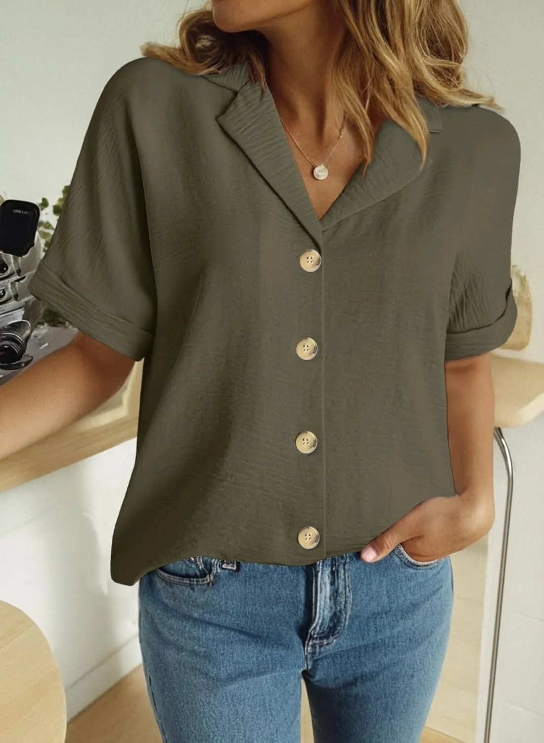 Dokotoo Women's Dressy Casual V Neck Short Sleeve Button Down Shirts Relaxed Work Business Loose Blouses Tops